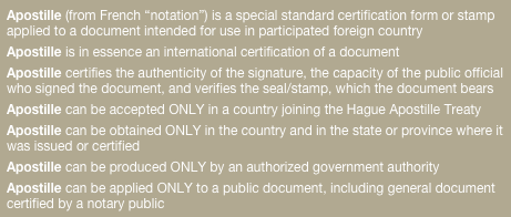 Apostille (from French “notation”) is a special standard certification form or stamp applied to a document intended for use in participated foreign country
Apostille is in essence an international certification of a document
Apostille certifies the authenticity of the signature, the capacity of the public official who signed the document, and verifies the seal/stamp, which the document bears
Apostille can be accepted ONLY in a country joining the Hague Apostille Treaty
Apostille can be obtained ONLY in the country and in the state or province where it was issued or certified
Apostille can be produced ONLY by an authorized government authority
Apostille can be applied ONLY to a public document, including general document certified by a notary public